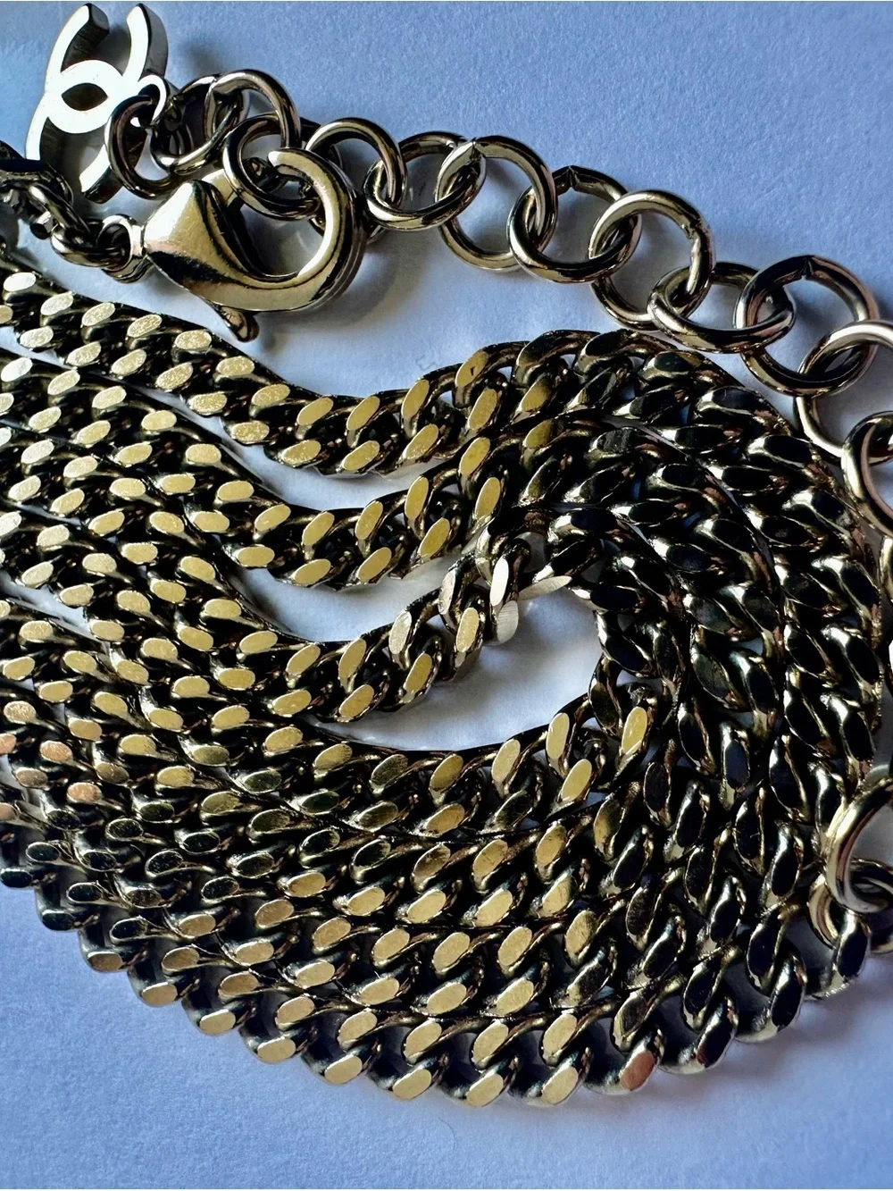 CHANEL 24B Oversized CC Glitter Enamel Pendant Chain Necklace Gold Tone Black